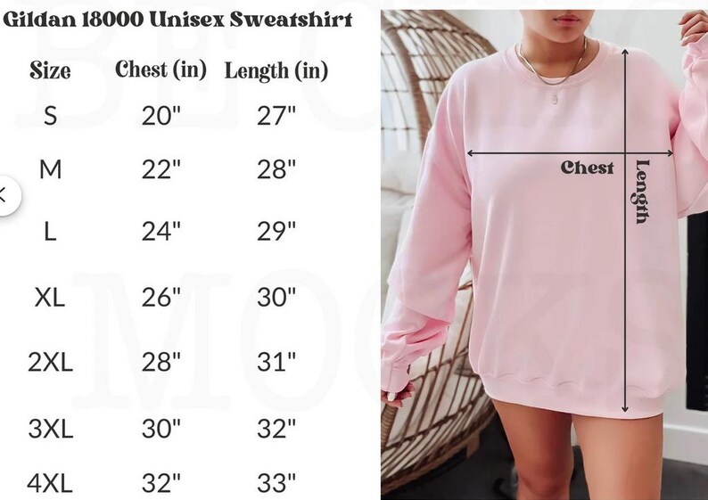 May include: Size chart for a unisex Gildan 18000 sweatshirt, showing chest and length measurements in inches for sizes S through 4XL. The chart is printed on a white background.