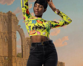 Vintage Collage Print Crop Swim Top: Recycled Long Sleeve Rash Guard