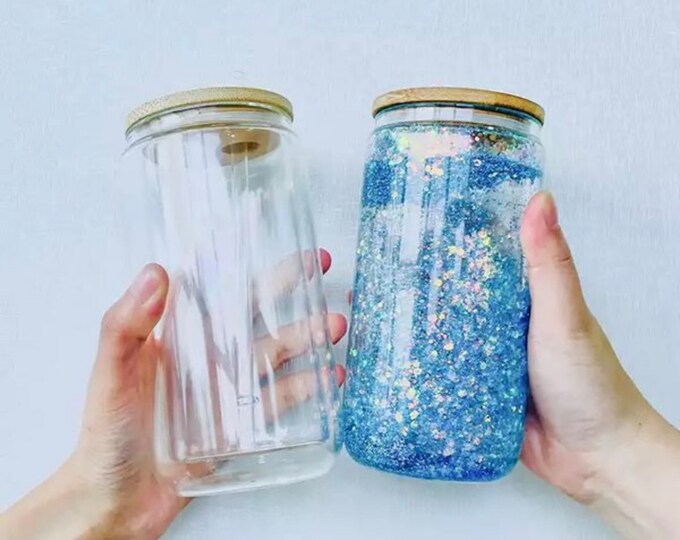 Double Walled 16 Oz Snow Globe Glass Can Blank Glass Can DIY Straw Bamboo Lid Included FREE