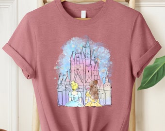 Camisa de Bella y Cenicienta, camiseta de acuarela de princesa, camisa de castillo de Disney, camisa de princesa de Disney, camisa de Magic Kingdom, camiseta de princesa para niños