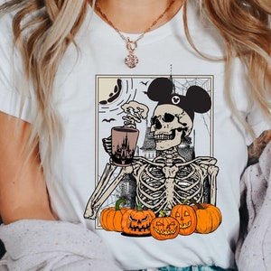 Vintage Skeleton Drinking Coffee Disney Halloween Shirt, Mickey Skeleton Coffee T-shirt, Spooky Vibes, Disney Pumpkin Shirt,Disneyland Shirt