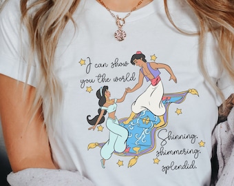 Aladdin y Jasmine Una camisa de alfombra voladora del nuevo mundo, camiseta de princesa Jasmine de Disney, camisa de vacaciones de Disney, camisa de Magic Kingdom