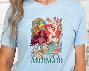 Disney The Little Mermaid Ariel Princess & Flounder Bubble Retro Poster Shirt, camiseta unisex, regalo de cumpleaños familiar, camiseta para niños adultos y niños pequeños