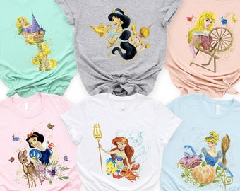 Disney Watercolor Princess Tee, Princess Fan Shirts, Princess Matching tee, Ariel, Rapunzel, Cinderella, Aurora, Snow White, Jasmine