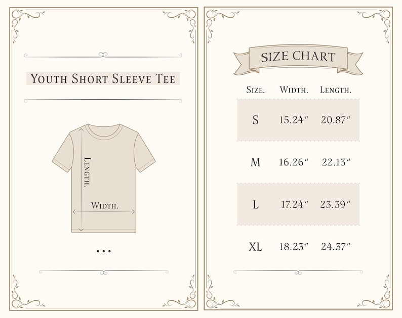 Może przedstawiać: Tabela rozmiar&oacute;w dla dziecięcego t-shirt'u z kr&oacute;tkim rękawem z wymiarami w calach. Rozmiary obejmują S, M, L i XL. Podano wymiary szerokości i długości dla każdego rozmiaru.