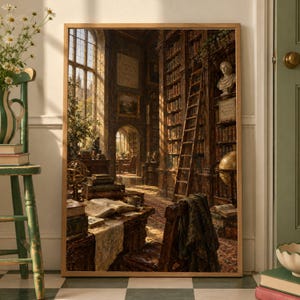 May include: A rectangular framed wall art print depicting a dark wood library interior with tall bookshelves, a rolling ladder, a globe, and a desk with open books. The scene features warm sunlight streaming through a large window into the room.