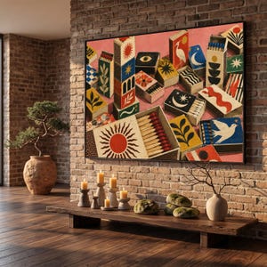May include: A rectangular wall art print featuring a collection of vintage-style matchboxes scattered on a pink background. The matchboxes display various colorful illustrations including a sun, a crane, a crescent moon, a dove, and botanical motifs.