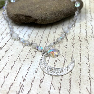 Mad Molly’s Filigree Moon and Star Glass Opalite Beaded Choker