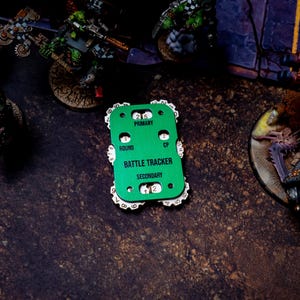 May include: A green battle tracker with white text and a decorative edge sits on a dark surface. The text on the tracker reads "Primary", "Round", "CP", and "Secondary". Miniature figures are in the background.