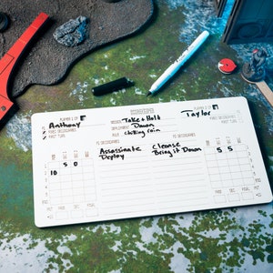May include: A white board with a black marker and a white dry-erase marker. The board is divided into two sections, one for each player. Each section has a player name, "Anthony" and "Taylor", and a list of secondary objectives. The objectives are "Assassinate Deploy" and "Cleanse Bring it Down". The board also has a section for recording points. The board is on a green and brown surface.