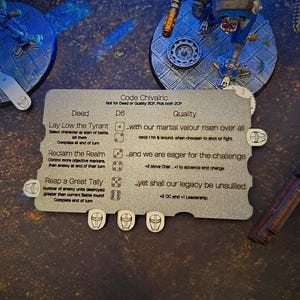 May include: A silver game card with the text "Code Chivalric" and game instructions. The card is surrounded by miniature figurines and game pieces, with a dark background.