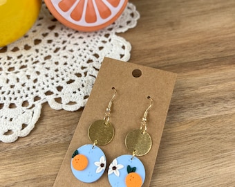 Orange circle slab dangle earrings, orange earrings, fruit earrings