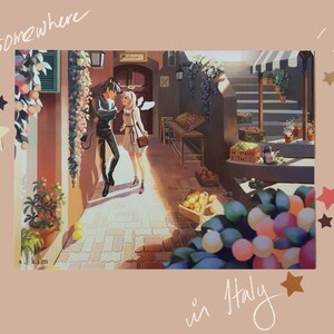 May include: A colorful illustration of a couple walking down a cobblestone street in Italy. The street is lined with buildings and flowers. The text "Somewhere in Italy" is written in white on a peach background.
