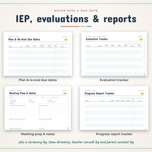 May include: A digital planner set for IEP, evaluations, and reports featuring four distinct templates: Plan & Re-Eval Due Dates, Evaluation Tracker, Meeting Prep & Notes, and Progress Report Tracker, plus a screening log, team directory, teacher consult log, and parent contact log.