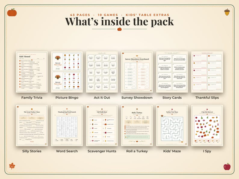 May include: A collection of 43 printable game pages titled What's inside the pack, featuring 10 games and kids' table extras. The set includes Family Trivia, Picture Bingo, Act It Out, Survey Showdown, Story Cards, Thankful Slips, Silly Stories, Word Search, Scavenger Hunts, Roll a Turkey, Kids' Maze, and I Spy, all displayed on a light beige background with small autumn icons.