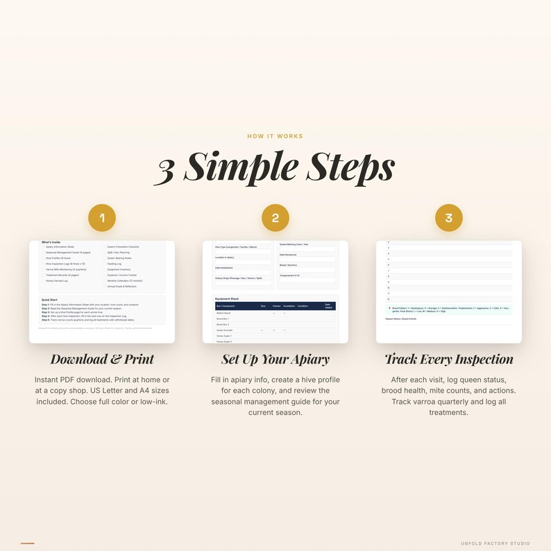 May include: A beige graphic with the text "3 Simple Steps" and three numbered sections. Each section includes a tablet-like graphic with text. The first section says "Download & Print". The second section says "Set Up Your Apiary". The third section says "Track Every Inspection".