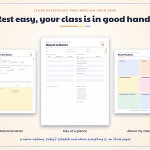 May include: Three printable planner pages for teachers titled Welcome to Our Class, Day at a Glance, and About My Class. The pages feature organized sections for schedules, student information, and notes with a clean, professional layout.