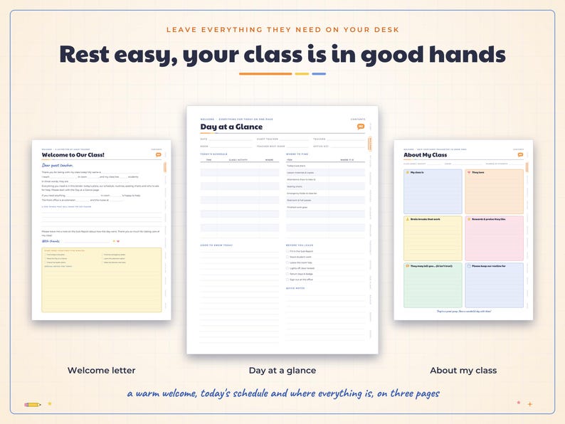 May include: Three printable planner pages for teachers titled Welcome to Our Class, Day at a Glance, and About My Class. The pages feature organized sections for schedules, student information, and notes with a clean, professional layout.