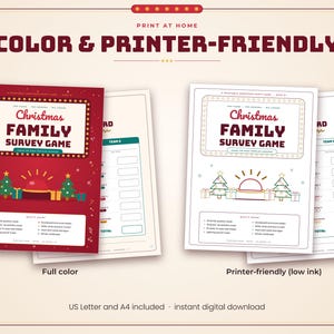 May include: A printable Christmas Family Survey Game set featuring a full-color version with a red background and a printer-friendly version with a white background. Both sheets display the game title, Christmas trees, gifts, and a buzzer icon.
