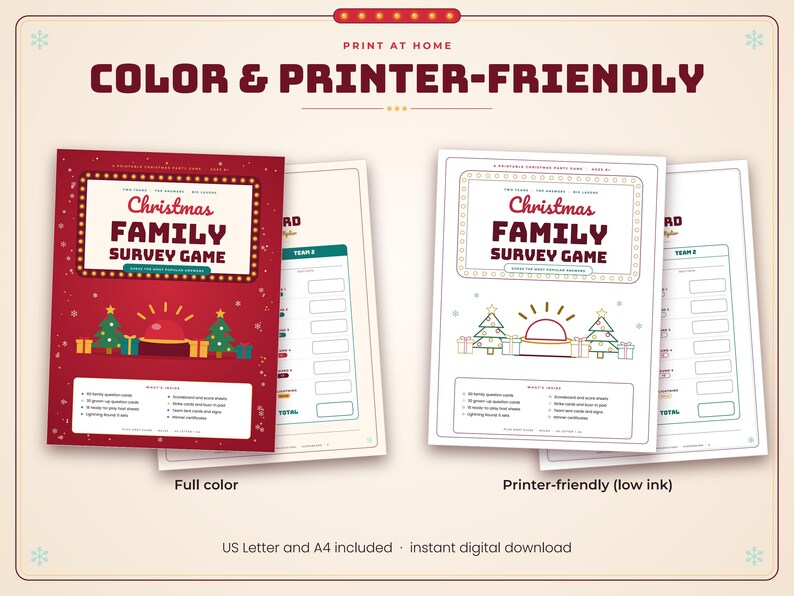 May include: A printable Christmas Family Survey Game set featuring a full-color version with a red background and a printer-friendly version with a white background. Both sheets display the game title, Christmas trees, gifts, and a buzzer icon.