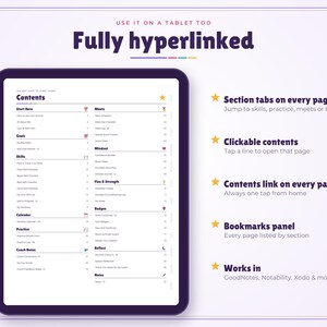 May include: A digital planner displayed on a tablet screen showing a contents page with sections for goals, skills, calendar, practice, coach notes, meets, mindset, strength, badges, and reflect. Text highlights features like section tabs, clickable contents, and bookmarks.