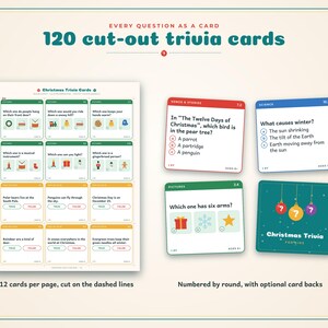 May include: A set of 120 cut-out trivia cards titled Every Question as a Card. The display shows a printable sheet with 12 Christmas trivia cards, plus four individual sample cards in red, blue, and green featuring questions and answers.