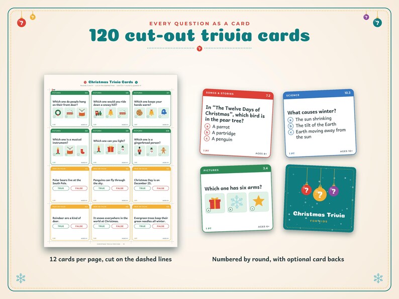 May include: A set of 120 cut-out trivia cards titled Every Question as a Card. The display shows a printable sheet with 12 Christmas trivia cards, plus four individual sample cards in red, blue, and green featuring questions and answers.