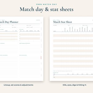 K&ouml;nnte beinhalten: Zwei wei&szlig;e, bedruckbare Bl&auml;tter mit den Titeln Match Day Planner und Match Stat Sheet. Der Planer enth&auml;lt Abschnitte f&uuml;r Aufstellung, Satzst&auml;nde und Notizen. Das Statistikblatt bietet Spalten zur Erfassung von Kills, Assen, Digs und der Schlagquote.