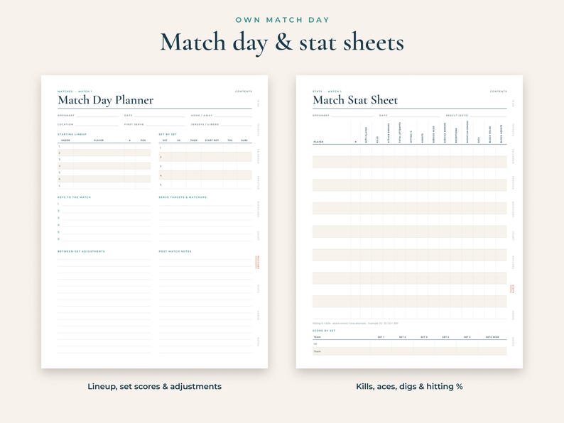 K&ouml;nnte beinhalten: Zwei wei&szlig;e, bedruckbare Bl&auml;tter mit den Titeln Match Day Planner und Match Stat Sheet. Der Planer enth&auml;lt Abschnitte f&uuml;r Aufstellung, Satzst&auml;nde und Notizen. Das Statistikblatt bietet Spalten zur Erfassung von Kills, Assen, Digs und der Schlagquote.