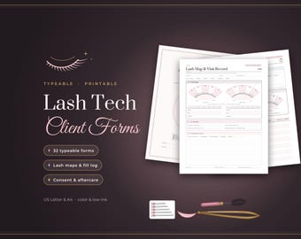 Lash Tech Client Forms, Fillable Extension Consent, Eyelash Map, Fill Log, Record Book PDF
