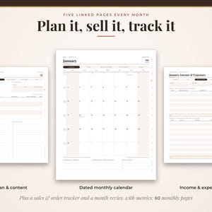 May include: A digital planner set featuring three pages titled January Plan, January, and January Income & Expenses. The text reads Five Linked Pages Every Month, Plan it, sell it, track it, Plan & content, Dated monthly calendar, and Income & expenses.