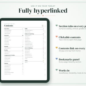 May include: A digital planner displayed on a tablet screen showing a contents page with sections for semester, monthly, weekly, assignments, clinical, skills, study, and wellbeing. Text includes "Use it on your tablet," "Fully hyperlinked," and feature descriptions.