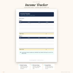 May include: A printable income tracker page featuring a header titled Income Tracker, followed by sections for Week 1 and Week 2. Each section includes columns for Date, Source, Type, and Amount, with a yellow row for the weekly total and a tip box.