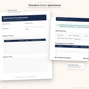 May include: Two white worksheets with dark blue headings and text. The top worksheet is titled "Appointment Prep Worksheet" and includes sections for appointment details and symptoms. The second worksheet is for cycle tracking.