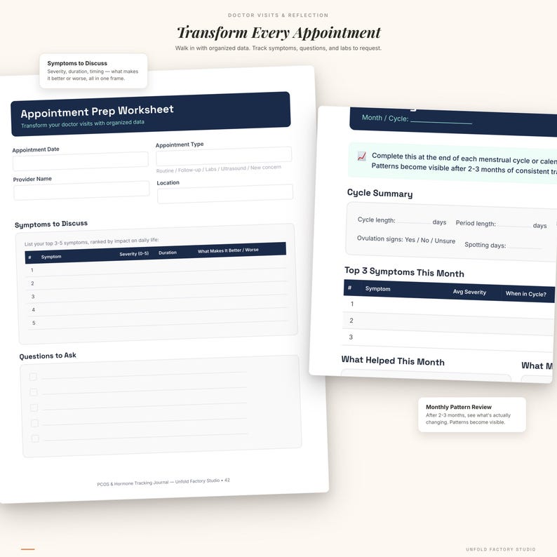 May include: Two white worksheets with dark blue headings and text. The top worksheet is titled "Appointment Prep Worksheet" and includes sections for appointment details and symptoms. The second worksheet is for cycle tracking.