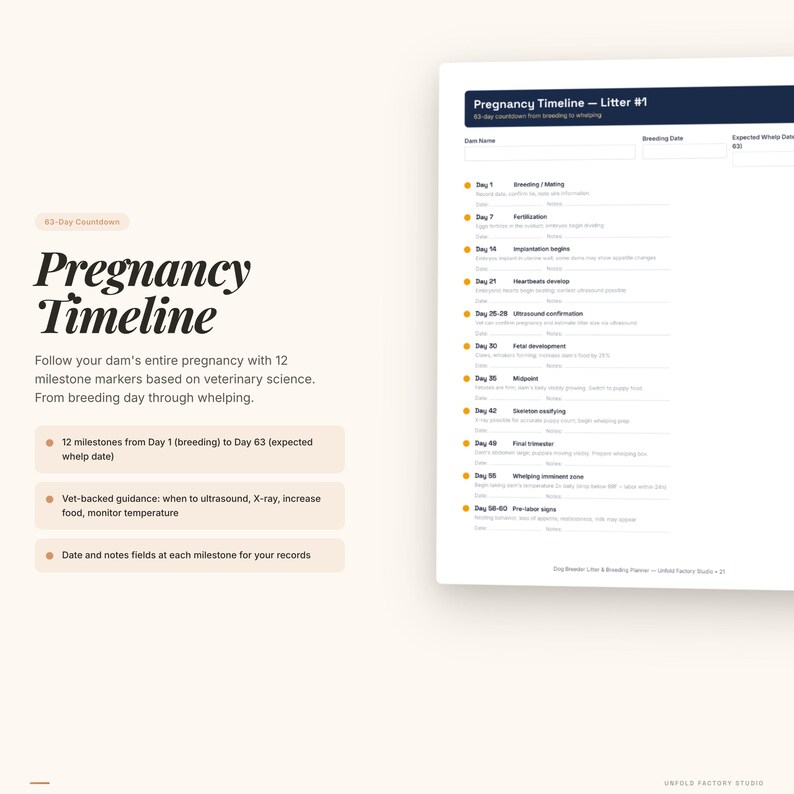 May include: A white document titled "Pregnancy Timeline - Litter #1" with a list of milestones. The left side has the title "Pregnancy Timeline" and bullet points about the timeline, including vet-backed guidance and date fields.