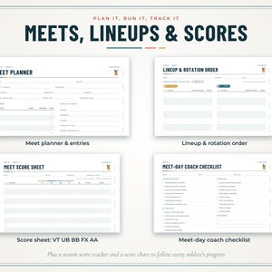 May include: A digital planner set titled MEETS, LINEUPS & SCORES featuring four templates: Meet Planner, Lineup & Rotation Order, Meet Score Sheet with VT UB BB FX AA categories, and a Meet-Day Coach Checklist with checkboxes and lines.