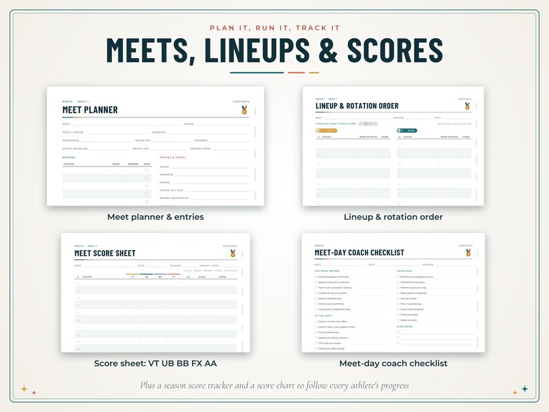 May include: A digital planner set titled MEETS, LINEUPS & SCORES featuring four templates: Meet Planner, Lineup & Rotation Order, Meet Score Sheet with VT UB BB FX AA categories, and a Meet-Day Coach Checklist with checkboxes and lines.