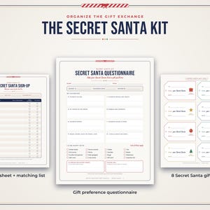 Puede incluir: Un kit de amigo invisible que incluye una hoja de registro, un cuestionario de preferencias de regalos y ocho etiquetas para regalos. Los documentos est&aacute;n impresos en papel blanco con texto en azul oscuro y rojo, incluyendo encabezados.