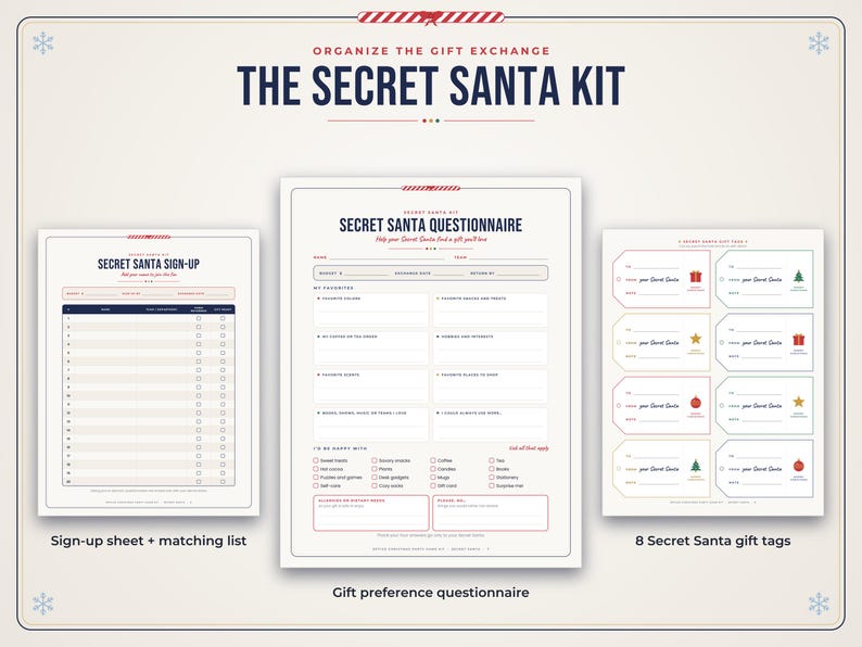 Puede incluir: Un kit de amigo invisible que incluye una hoja de registro, un cuestionario de preferencias de regalos y ocho etiquetas para regalos. Los documentos est&aacute;n impresos en papel blanco con texto en azul oscuro y rojo, incluyendo encabezados.