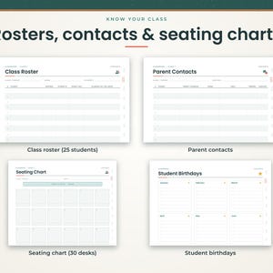 K&ouml;nnte beinhalten: Ein digitales Klassenzimmer-Planer-Set mit vier Vorlagen unter dem Titel Know Your Class, Rosters, contacts & seating charts. Es enth&auml;lt eine Klassenliste f&uuml;r 25 Sch&uuml;ler, Elternkontakte, einen Sitzplan f&uuml;r 30 Tische und einen Geburtstagskalender.