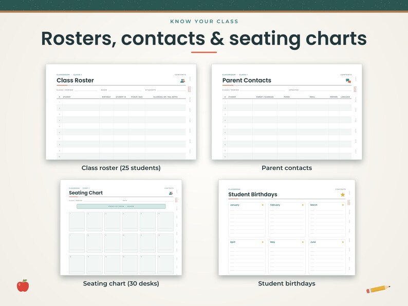 K&ouml;nnte beinhalten: Ein digitales Klassenzimmer-Planer-Set mit vier Vorlagen unter dem Titel Know Your Class, Rosters, contacts & seating charts. Es enth&auml;lt eine Klassenliste f&uuml;r 25 Sch&uuml;ler, Elternkontakte, einen Sitzplan f&uuml;r 30 Tische und einen Geburtstagskalender.