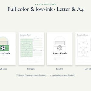 May include: Four digital soccer coach planner pages in full color and low-ink versions. The designs include a cover with a soccer ball and goal, and a formation planner page with a field diagram and note sections. Text includes Soccer Coach Planner.