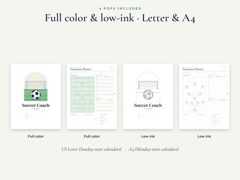 May include: Four digital soccer coach planner pages in full color and low-ink versions. The designs include a cover with a soccer ball and goal, and a formation planner page with a field diagram and note sections. Text includes Soccer Coach Planner.