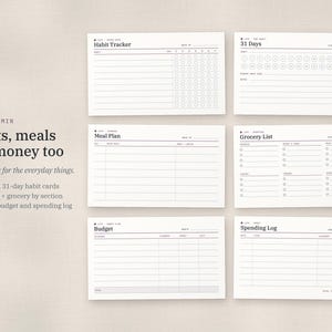 Puede incluir: Un conjunto de seis tarjetas de organizaci&oacute;n rectangulares blancas con texto y l&iacute;neas negras. Las tarjetas est&aacute;n etiquetadas como Habit Tracker, 31 Days, Meal Plan, Grocery List, Budget y Spending Log, con cuadr&iacute;culas y casillas.