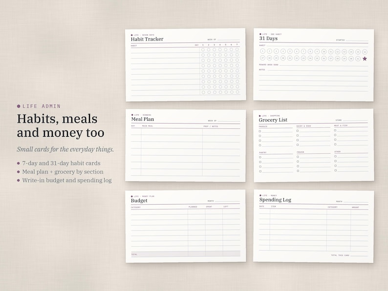 Puede incluir: Un conjunto de seis tarjetas de organizaci&oacute;n rectangulares blancas con texto y l&iacute;neas negras. Las tarjetas est&aacute;n etiquetadas como Habit Tracker, 31 Days, Meal Plan, Grocery List, Budget y Spending Log, con cuadr&iacute;culas y casillas.