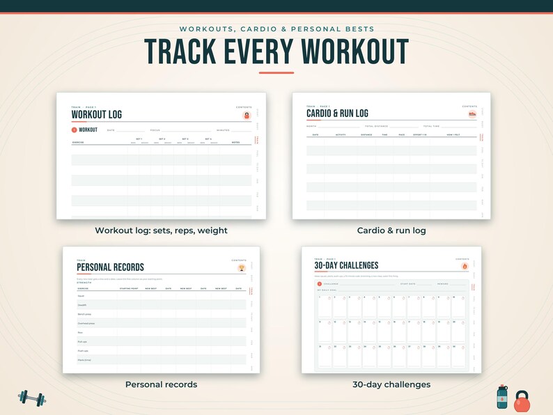 Pode incluir: Um modelo de planejador de fitness digital com quatro p&aacute;ginas distintas intituladas Workout Log, Cardio & Run Log, Personal Records e 30-Day Challenges. O layout inclui tabelas para registrar s&eacute;ries, repeti&ccedil;&otilde;es, peso e progresso.