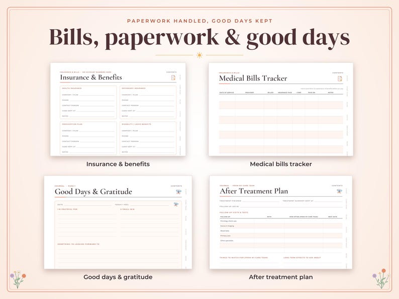 May include: A digital planner set titled Bills, paperwork & good days featuring four templates: Insurance & Benefits, Medical Bills Tracker, Good Days & Gratitude, and After Treatment Plan. Each page includes structured fields for tracking medical information.