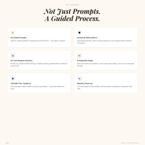 May include: Cream-colored graphic with text: "Not Just Prompts. A Guided Process." Features include 64 guided prompts, emotional safety, a 24-trait shadow inventory, 8 integration pages, guidance, and monthly check-ins.