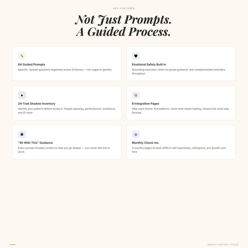 May include: Cream-colored graphic with text: "Not Just Prompts. A Guided Process." Features include 64 guided prompts, emotional safety, a 24-trait shadow inventory, 8 integration pages, guidance, and monthly check-ins.